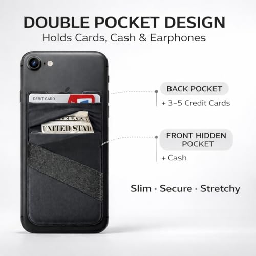 Mizi (2 Pack Adhesive Phone Stretchy Wallet, Card Holder for Back of Phone Stick on Cases, Unique Double Pocket Design + Finger Strap for iPhone/Android/Samsung Galaxy - Black - Image 2