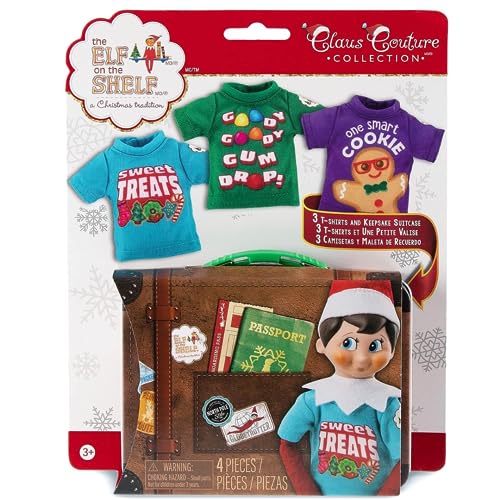 The Elf on the Shelf Claus Couture Sweet Treat Tees for Your Scout Elf Includes Three tees with Collectible tin Suitcase for Accessories - Image 1