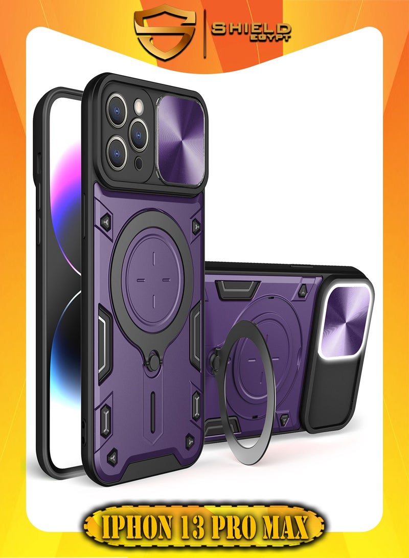 شيلد ايجيبت لهاتف ايفون 13 برو ماكس (iPhone 13 Pro Max) جراب حماية مع باب جرار لحماية عدسة  الكاميرا المدرعة مدمج بزاوية 360 درجة - (بنفسجى)