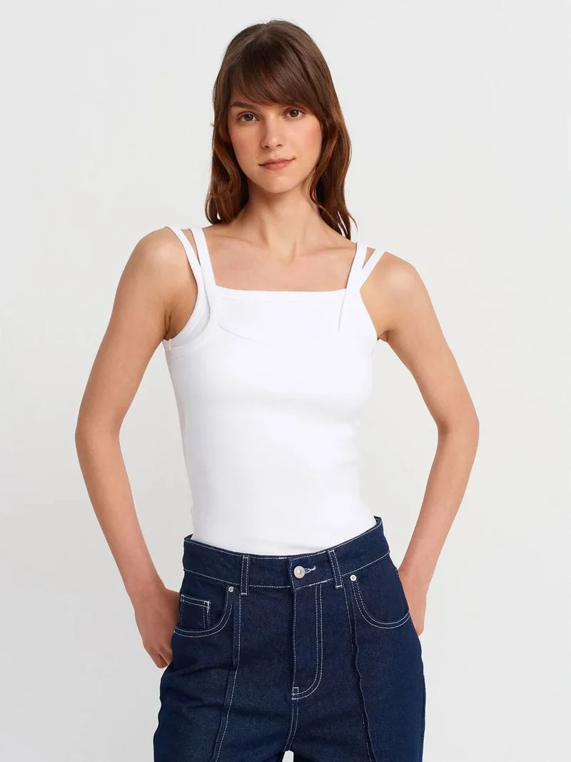 ديلفين Dilvin Ribbed Sleeveless Square-neck Blouse