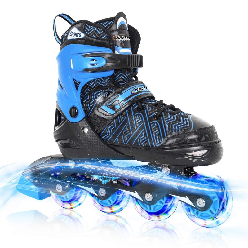 Nattork Adjustable Inline Skates for Youth Big Boys with Light up Wheels Blue Blade Roller Skating for Beginners Size 5 6 7 8 Ages 11 12 13 14 15
