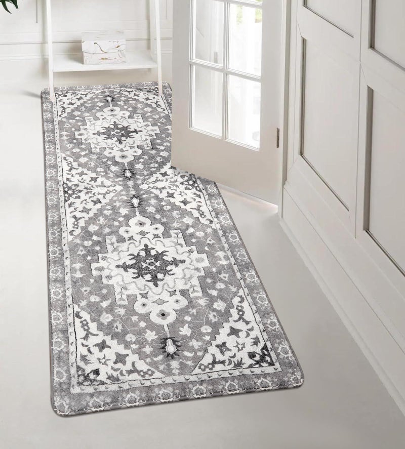 Uphome Boho Vintage Bathroom Runner Rug Gray NonSlip Soft Bedroom Rug Machine Washable Oriental Hallway Rug Traditional Tribal Floral Floor Mats for Kitchen Kids Room Entryway 24x59 inch