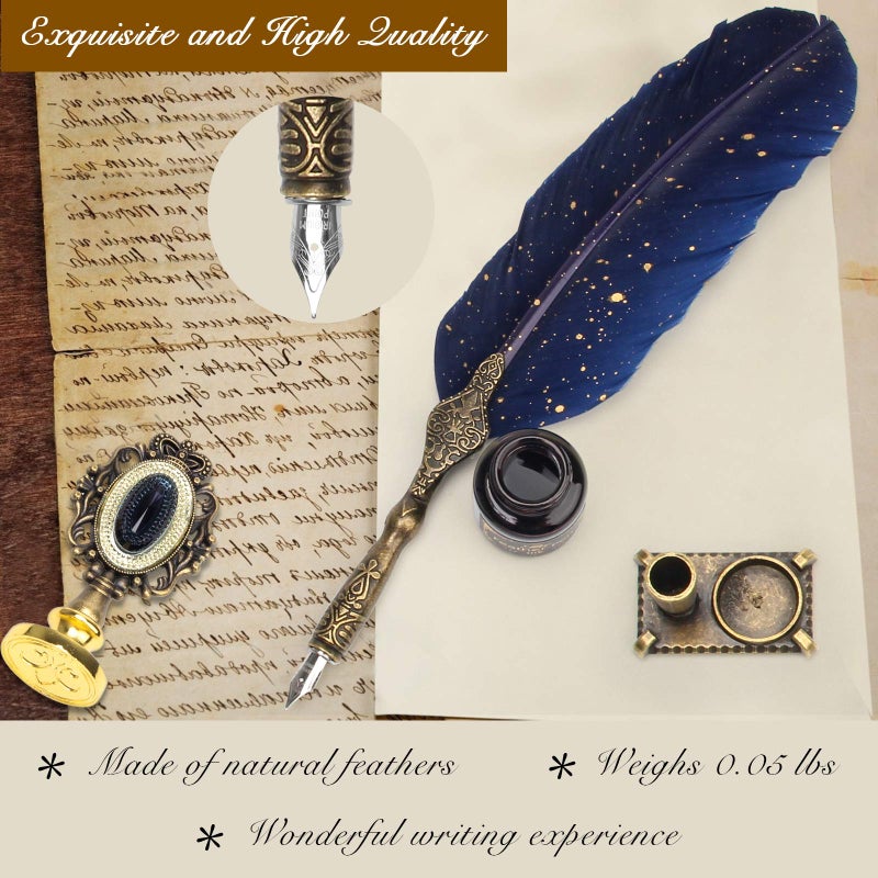 Anglekai Quill Pen and Ink Set, Calligraphy Feather Pen Set with Wax Seal Stamp, Ink, Replacement Nibs, Spoon, Envelope Letter Paper, White Wax, Antique Quills (Blue) - Image 3