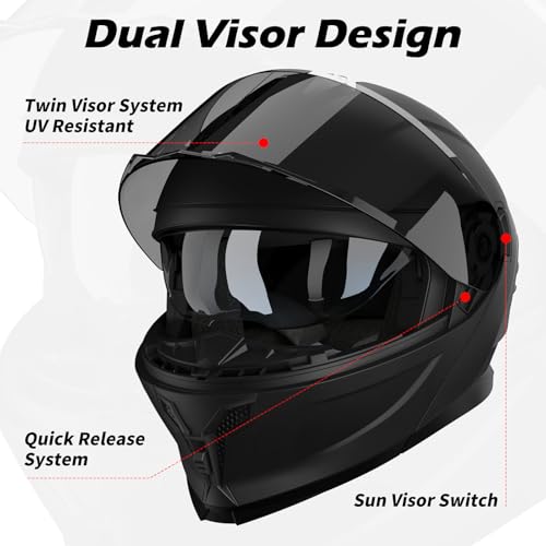 MXJ Gear Motorcycle Helmet,Motorcycle Dual Visor Flip up Modular Full Face Helmet JR-815,DOT Approved Motorbike Helmet with 2 Visors for Adults Men Women(L,Matte Black-B) - Image 3