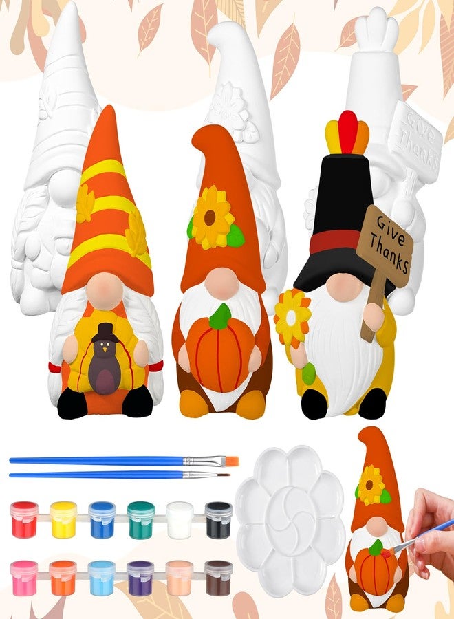 Youyole 3 Pack Ready to Paint Your Own Gnome Statues, 4 Mini Blank Ceramics Unpainted Gnome Figurines Craft DIY Art with Brush Palette Paint for Adults(Thanksgiving) - Image 1