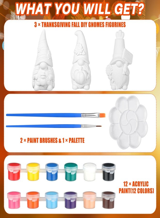 Youyole 3 Pack Ready to Paint Your Own Gnome Statues, 4 Mini Blank Ceramics Unpainted Gnome Figurines Craft DIY Art with Brush Palette Paint for Adults(Thanksgiving) - Image 3