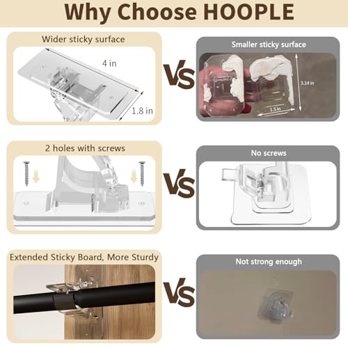 Hoople 6 PC No Drill Curtain Rod Brackets - Large Self Adhesive Curtain Rod Holder Hooks with Screws, 2 Install Methods, Nail Free Curtain Rod Hangers, Multipurpose Adhesive Hooks for Bathroom Bedroom - Image 4