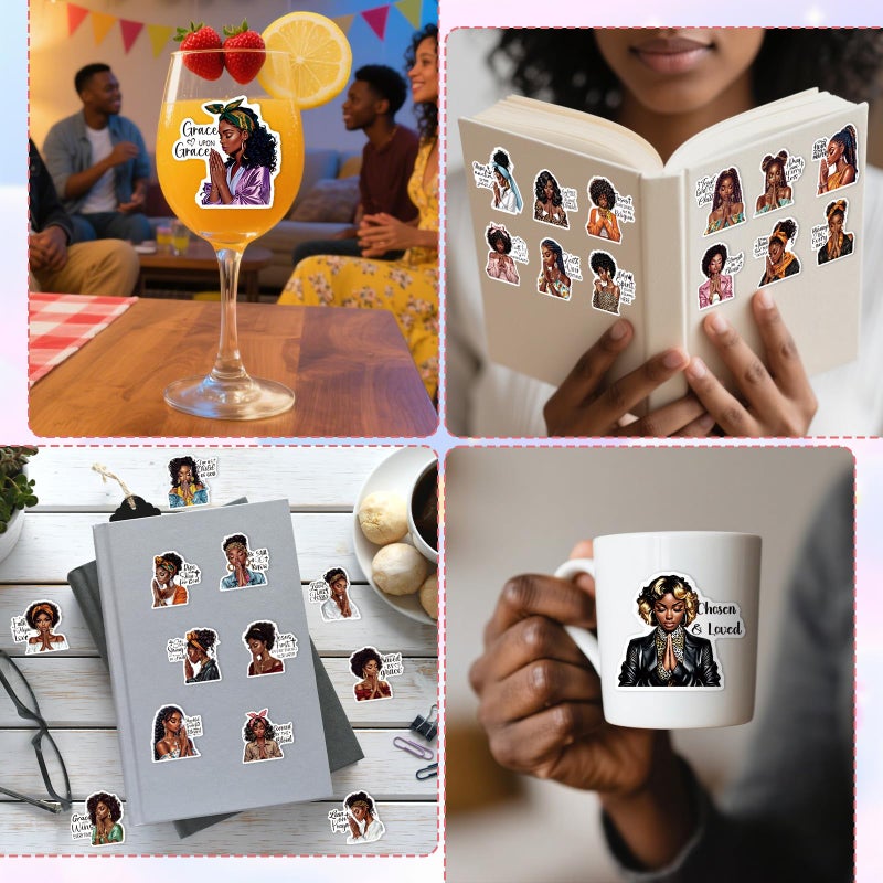 Aposwow Black Girl Stickers for Adults - 100 Pcs Praying Black Women Water Bottle Stickers for Vision Board, Inspirational Waterproof Scrapbook Decals, Motivational Vinyl Sticker for Laptop Journaling - Image 3