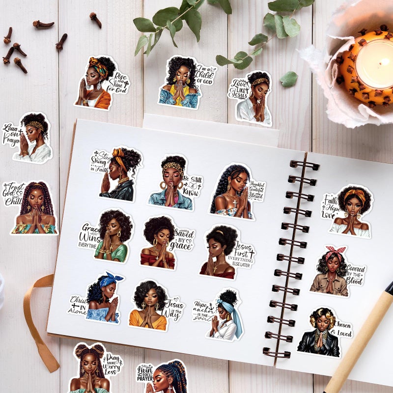 Aposwow Black Girl Stickers for Adults - 100 Pcs Praying Black Women Water Bottle Stickers for Vision Board, Inspirational Waterproof Scrapbook Decals, Motivational Vinyl Sticker for Laptop Journaling - Image 5