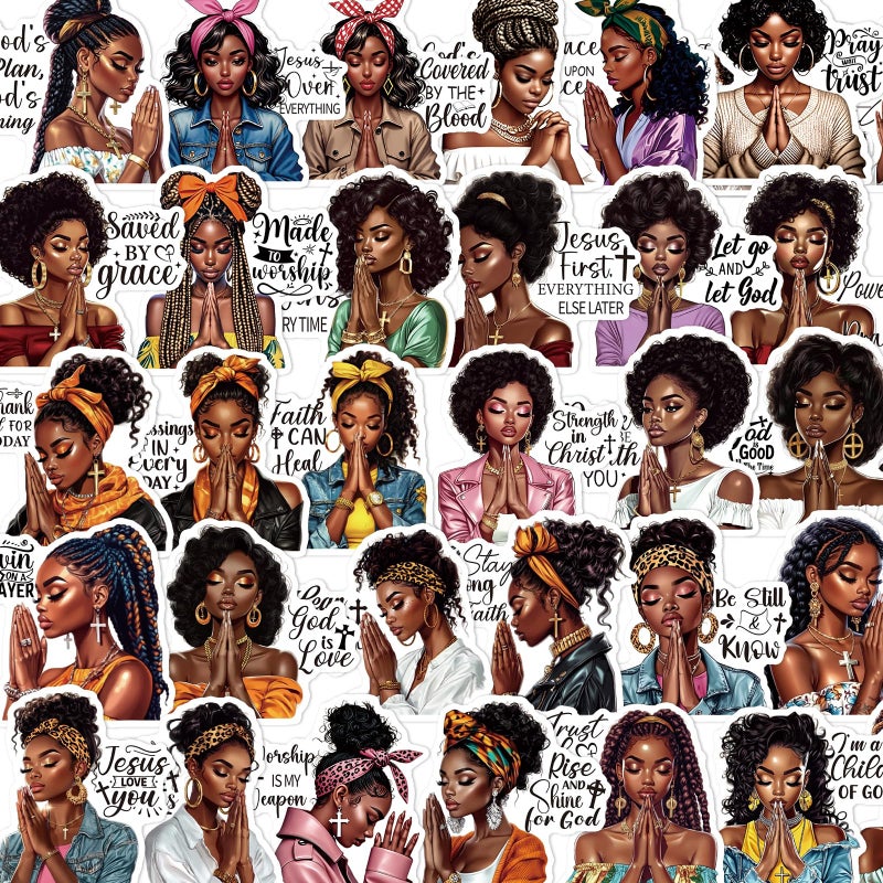 Aposwow Black Girl Stickers for Adults - 100 Pcs Praying Black Women Water Bottle Stickers for Vision Board, Inspirational Waterproof Scrapbook Decals, Motivational Vinyl Sticker for Laptop Journaling - Image 1