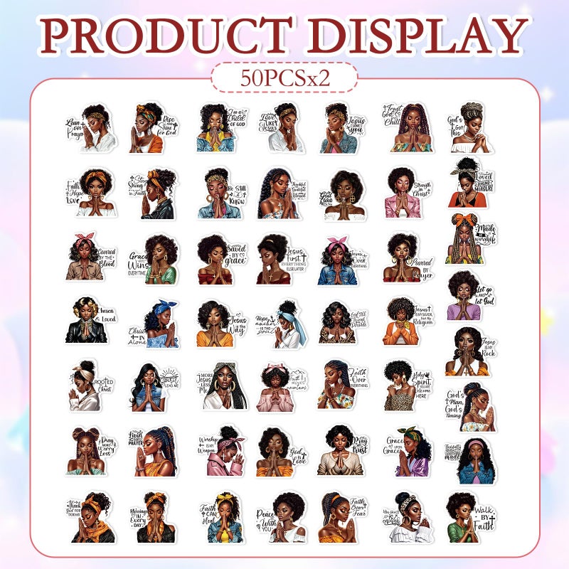 Aposwow Black Girl Stickers for Adults - 100 Pcs Praying Black Women Water Bottle Stickers for Vision Board, Inspirational Waterproof Scrapbook Decals, Motivational Vinyl Sticker for Laptop Journaling - Image 2