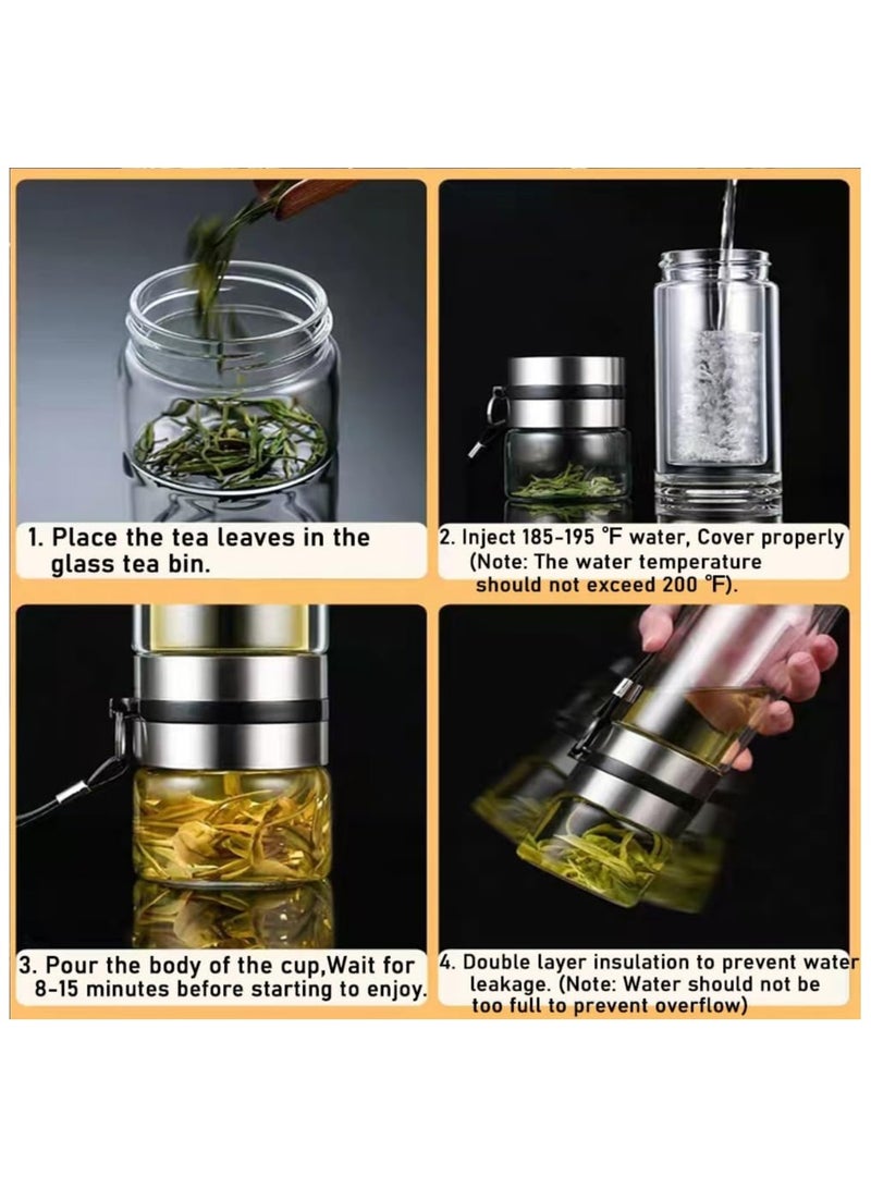 Double Wall Glass Water Bottle Tea and Portable Travel Water Separation Tea Bottle Mug Cup with Tea Infuser Clear Filtrating Tea Maker for Loose Leaf Tea 450ml Flask - Image 5