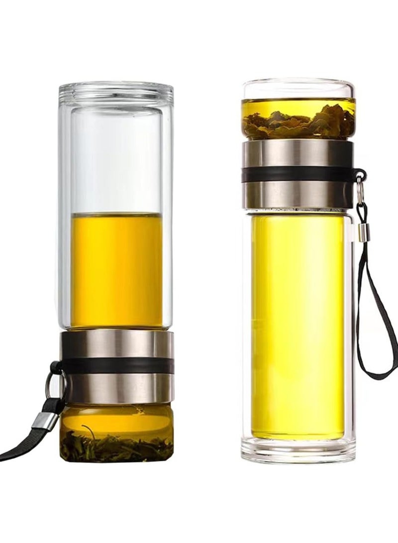 Double Wall Glass Water Bottle Tea and Portable Travel Water Separation Tea Bottle Mug Cup with Tea Infuser Clear Filtrating Tea Maker for Loose Leaf Tea 450ml Flask - Image 2