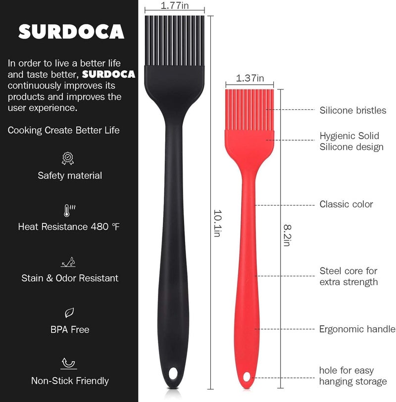 SURDOCA Silicone Pastry Basting Brush - 2Pcs 10 + 8 in Heat Resistant Brush for Baking Cooking Food, BPA Free Kitchen Brush for Sauce Butter Oil, Stainless Steel Core Design for Barbecue BBQ Grilling - Image 2
