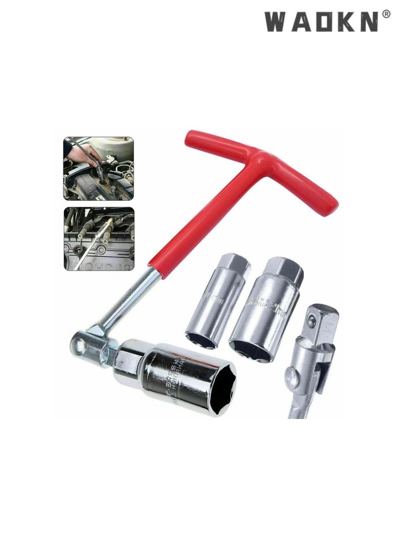 WAOKN - 3 Pieces Spark Plug Socket Sleeve Wrench Set, Red T-Handle Stainless Steel Silicone  Automotive Spark Plug Disassembly and Installation Tool Dual-use Universal for Fastening and Demolition - Image 1