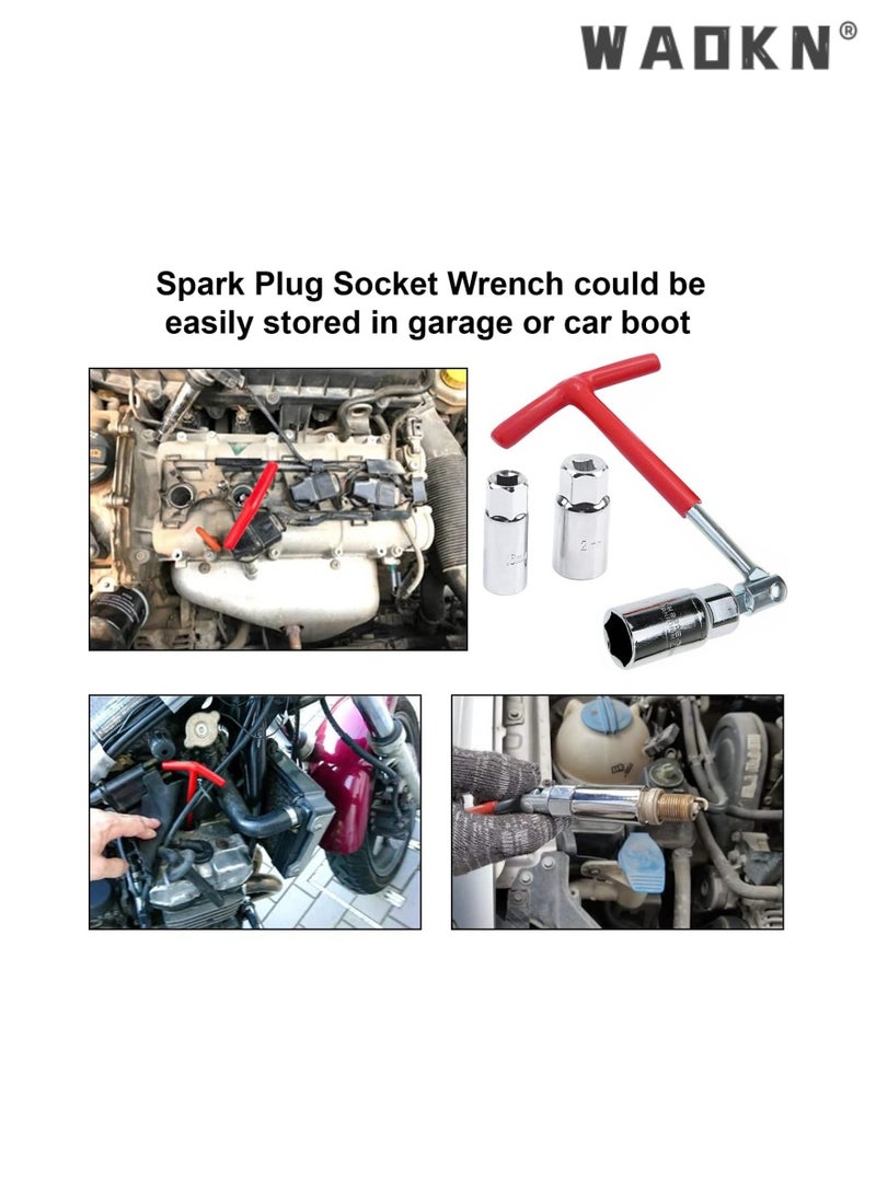 WAOKN - 3 Pieces Spark Plug Socket Sleeve Wrench Set, Red T-Handle Stainless Steel Silicone  Automotive Spark Plug Disassembly and Installation Tool Dual-use Universal for Fastening and Demolition - Image 1