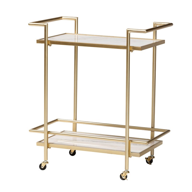 Baxton Studio Baxton Studio Louise Wine Cart 2Shelf GoldWhite Marble 