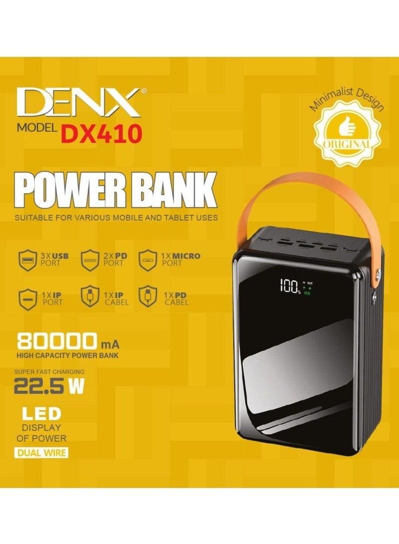Denx DENX DX410 Ultra High-Capacity 80,000mAh Portable Power Bank with 22.5W PD Fast Charging, Built-In Cable, and Universal Device Compatibility  - Image 2