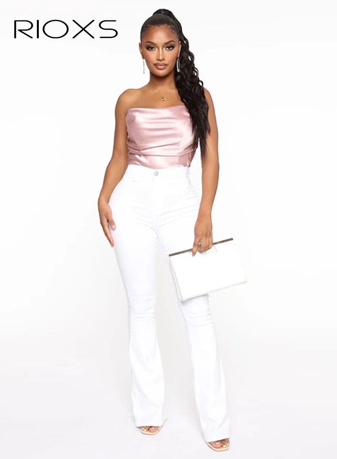 RIOXS Women's Flare Jeans, High Waisted Skinny Bell Bottom Jeans, Stretch Flare Slim Fit Denim Pants for Women, Bootcut Jeans Streetwear Jeans with Pockets, Fashion Ladies Flare, Classic White Denim Trousers - Image 1