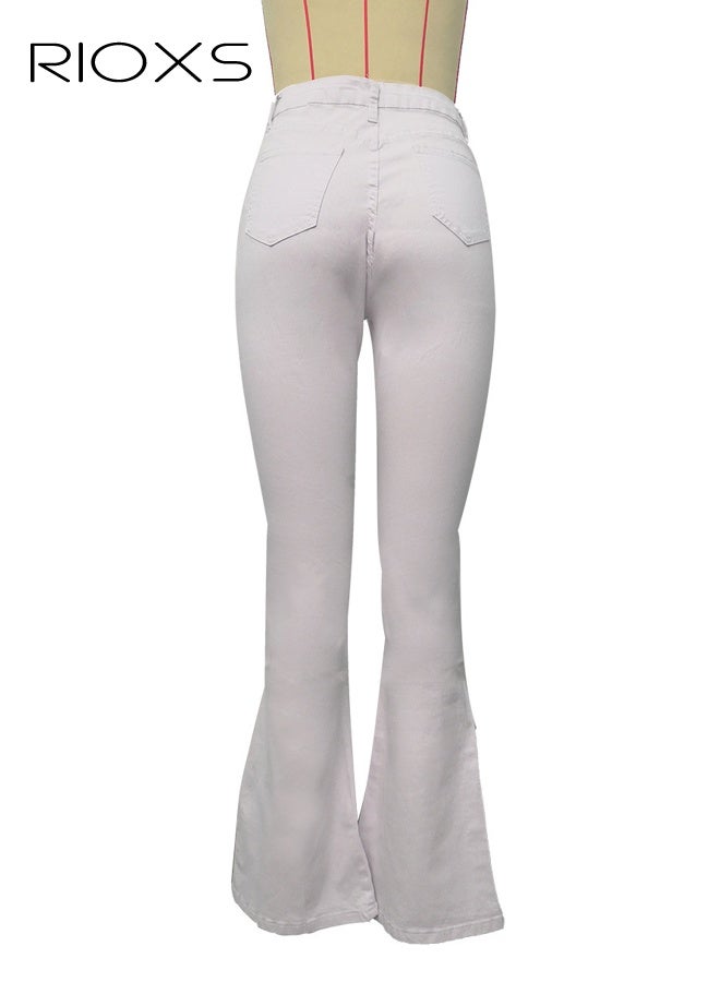 RIOXS Women's Flare Jeans, High Waisted Skinny Bell Bottom Jeans, Stretch Flare Slim Fit Denim Pants for Women, Bootcut Jeans Streetwear Jeans with Pockets, Fashion Ladies Flare, Classic White Denim Trousers - Image 4