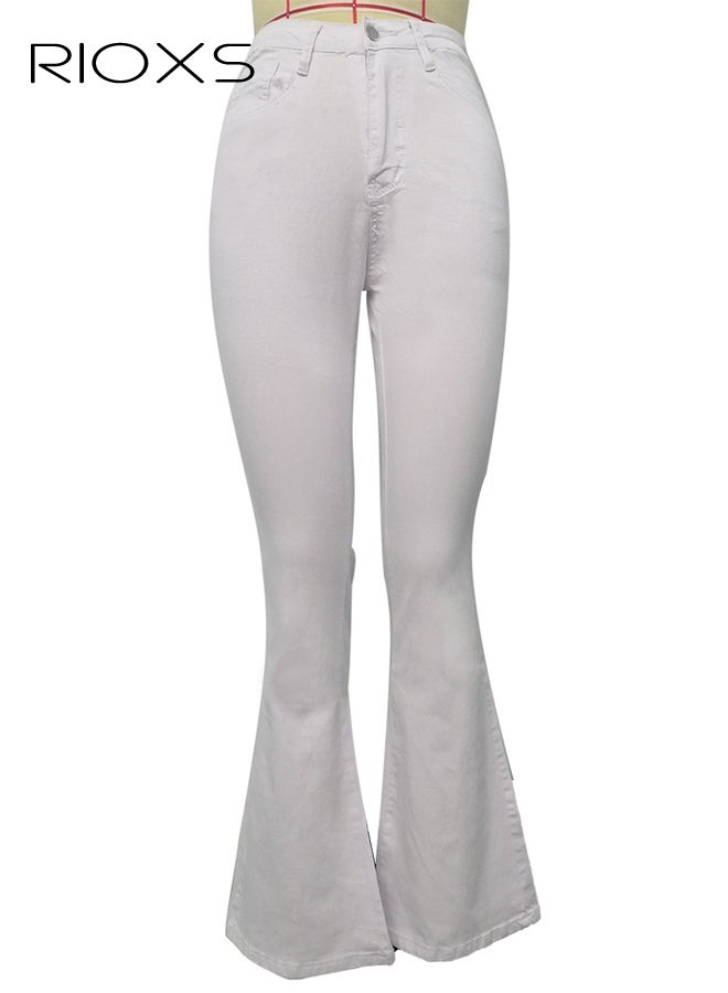 RIOXS Women's Flare Jeans, High Waisted Skinny Bell Bottom Jeans, Stretch Flare Slim Fit Denim Pants for Women, Bootcut Jeans Streetwear Jeans with Pockets, Fashion Ladies Flare, Classic White Denim Trousers - Image 5