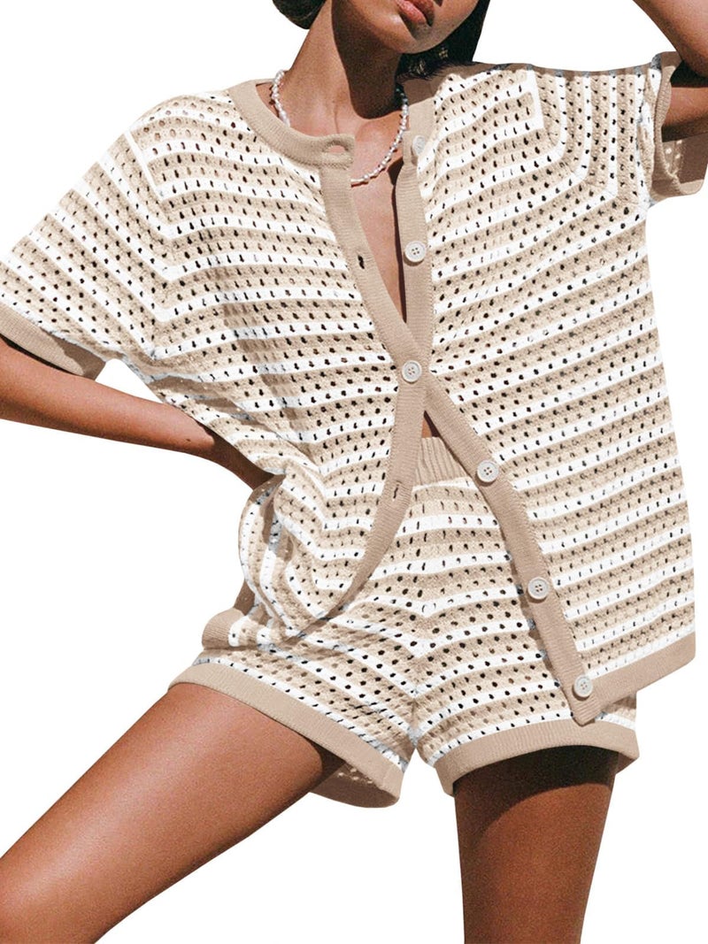 Saodimallsu Women Crochet Swimsuit Coverup Summer Beach Sets Striped Knit Short Sleeve Button Shirts 2 Piece Short Set Khaki - Image 1