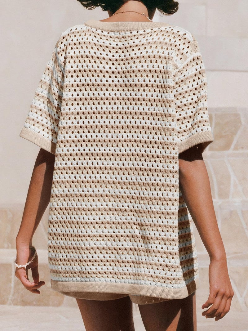 Saodimallsu Women Crochet Swimsuit Coverup Summer Beach Sets Striped Knit Short Sleeve Button Shirts 2 Piece Short Set Khaki - Image 4
