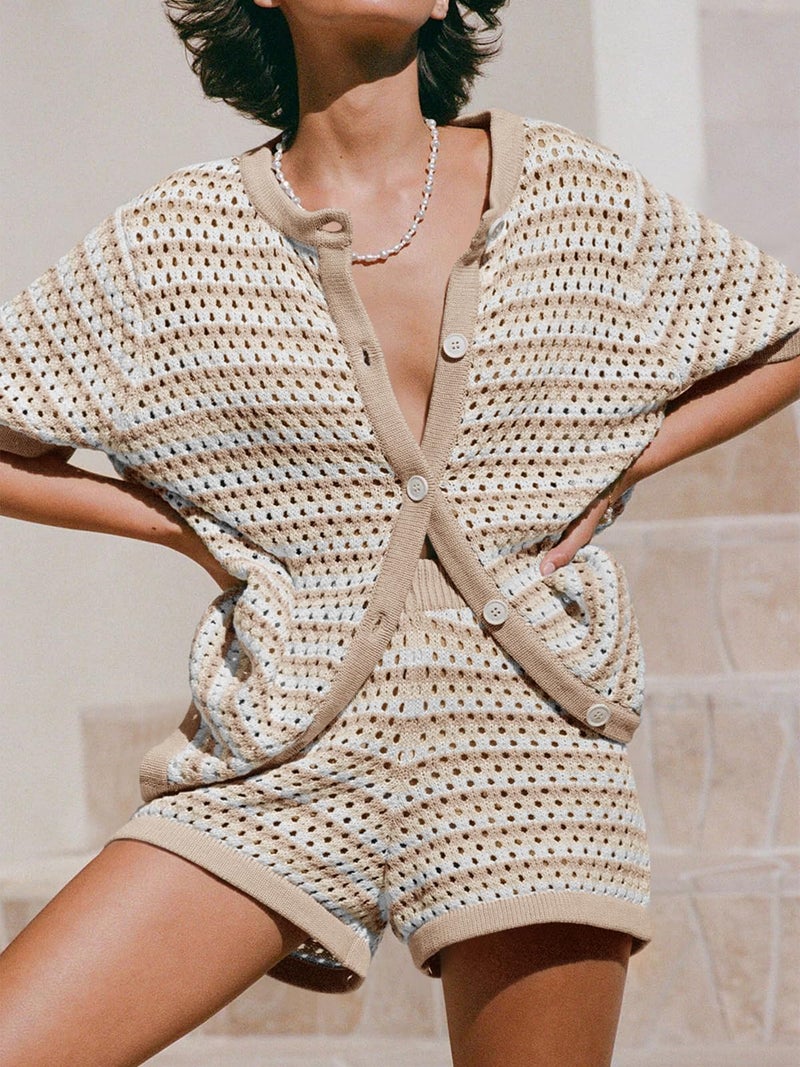 Saodimallsu Women Crochet Swimsuit Coverup Summer Beach Sets Striped Knit Short Sleeve Button Shirts 2 Piece Short Set Khaki - Image 2