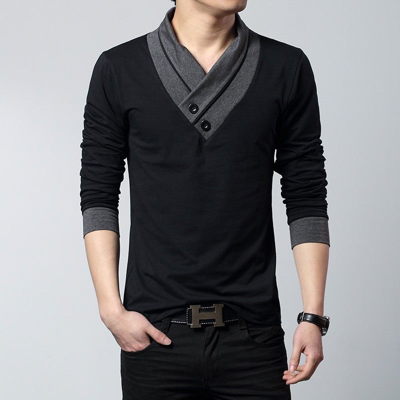 Spring & Fall Men'S Long-Sleeved T-Shirt Men'S Clothing Plus Fat Large Size V Neck Splicing Fake Two-Piece Bottoming Shirt - Image 4