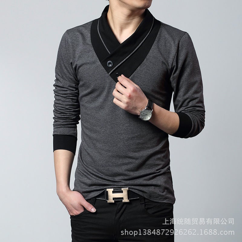 Spring & Fall Men'S Long-Sleeved T-Shirt Men'S Clothing Plus Fat Large Size V Neck Splicing Fake Two-Piece Bottoming Shirt - Image 1