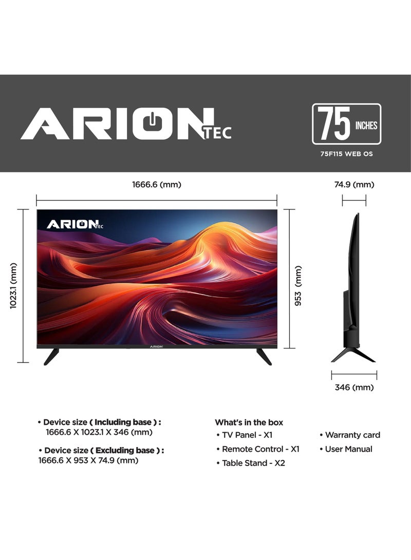 أريون تلفزيون سمارت QLED مقاس 75 بوصة 4K UHD، نظام webOS 25، معدل تحديث 120 هرتز، تصميم بدون إطار، Wi-Fi، 3 HDMI و2 USB – AR-75Q9 WS - Image 3