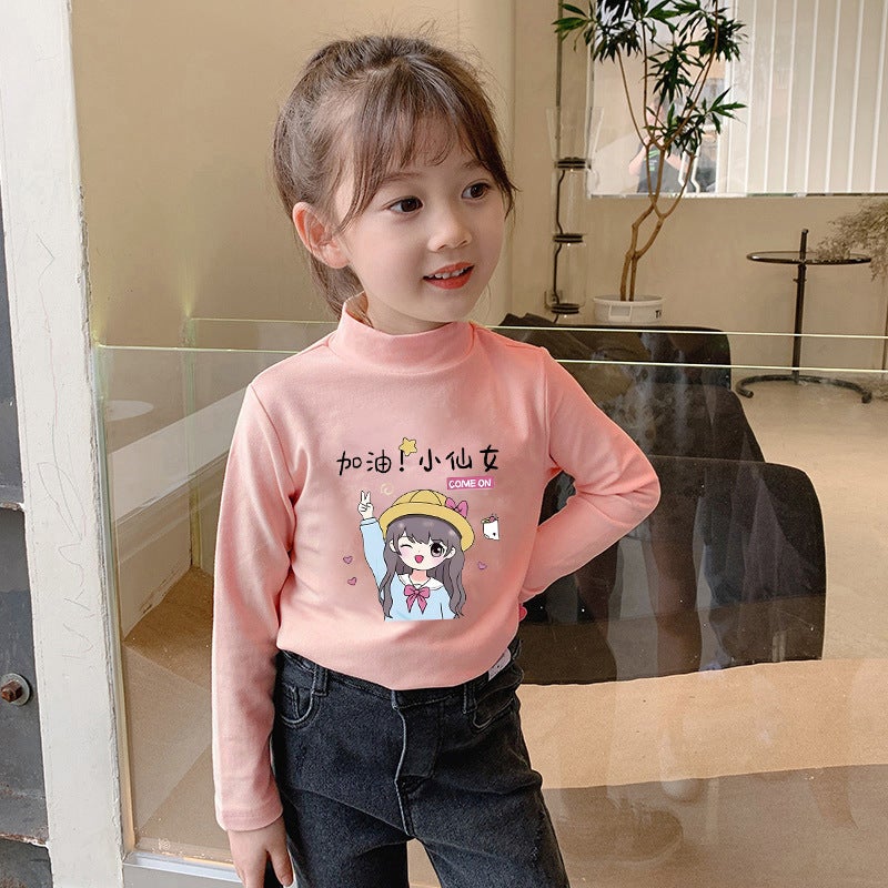 Children'S Base Shirt Half-High Collar Girl'S White Baby'S Long-Sleeved T-Shirt De-Velvet Base T-Shirt - Image 1