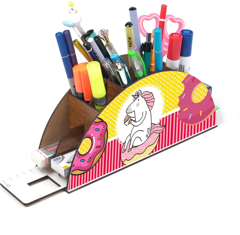 Notpa Wooden Donut Unicorn Rainbow Ruler Desktop Pen Holder Box Organizer For Kids GK48
