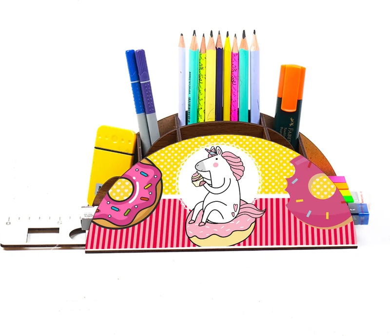 Notpa Wooden Donut Unicorn Rainbow Ruler Desktop Pen Holder Box Organizer For Kids GK48