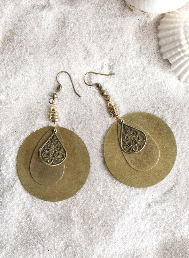 MINACHI Antique Gold-Tone Layered Disc Boho Dangle Drop Earrings with Teardrop Bead Accent, Vintage Bohemian Jewelry Gift for Women - Image 2