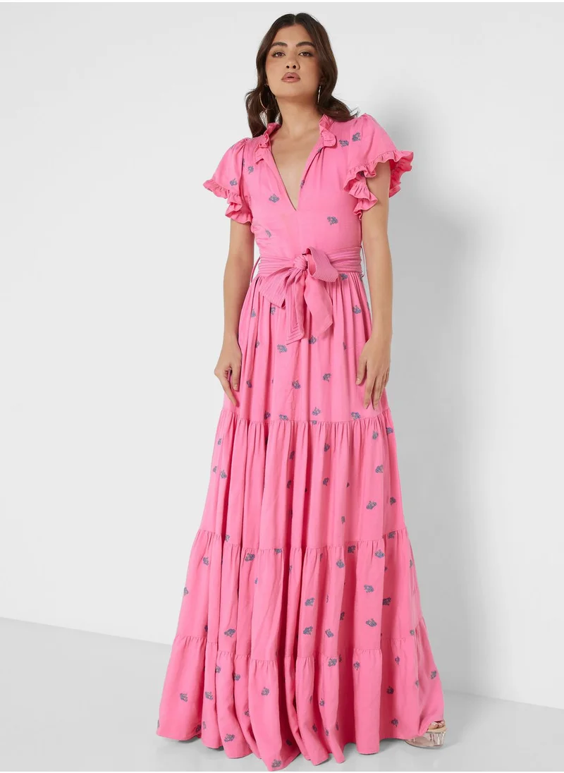 Nocturne Printed Detail Tiered Dress