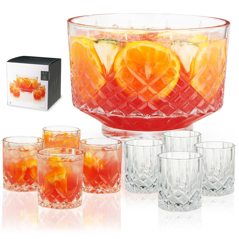 Viski Admiral Punch Bowl Set with 8 Tumblers Cut Crystal Cocktail Party Serveware Dishwasher Safe 25 Gallons 9 Oz Glasses Set of 9