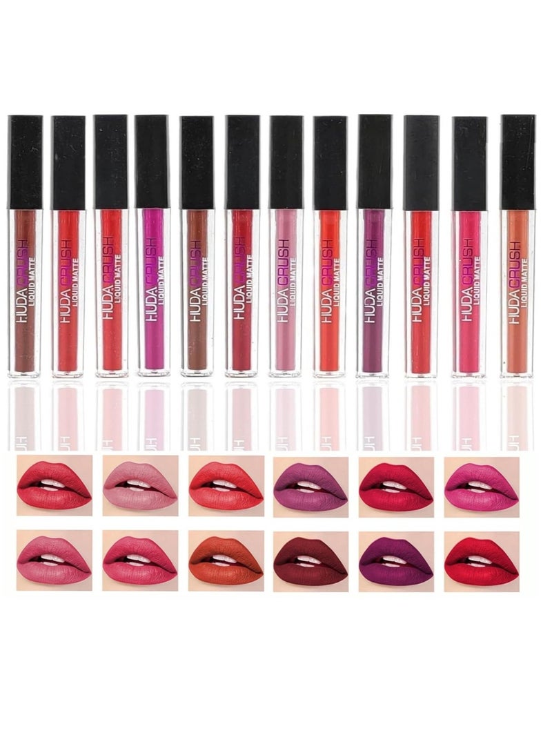 هدى كراش مجموعة هدى كراش بيوتي مكونة من 12 قطعة من أحمر الشفاه السائل غير اللامع، مجموعة هدايا مكياج ملمع الشفاه السائل، تدوم طويلاً، فائقة النعومة ومقاومة للماء ومتعددة الألوان للفتيات - Image 1