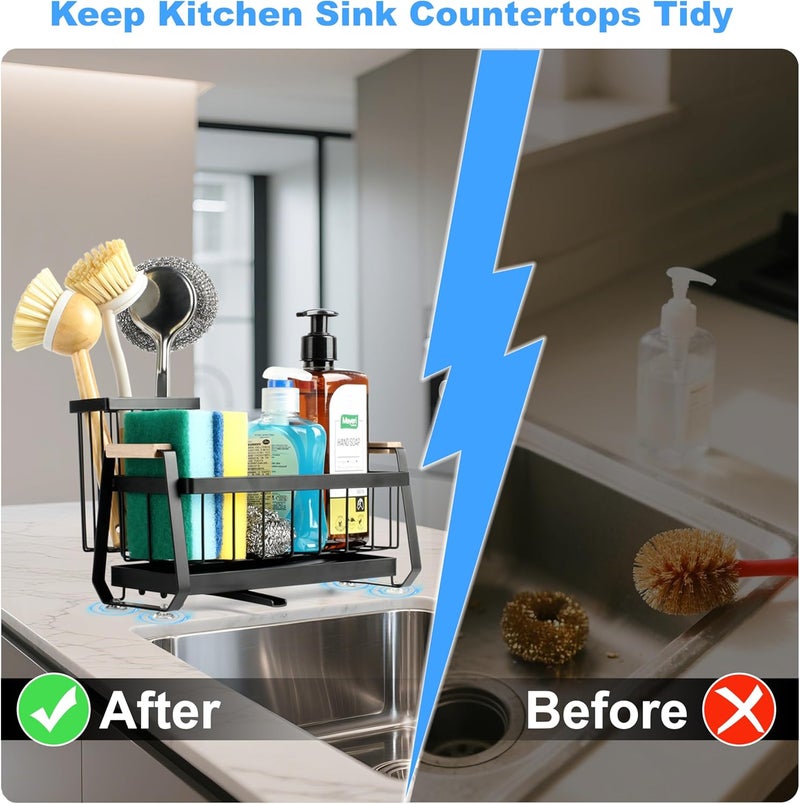 Ouletoy Sponge Holder for Kitchen Sink Caddy Organizer and Storage with Suction Cups, Sink Sponge Caddy with Dish Brush Holder and Soap Dispenser, Stainless Steel Bathroom Countertop Drain Rack - Image 5