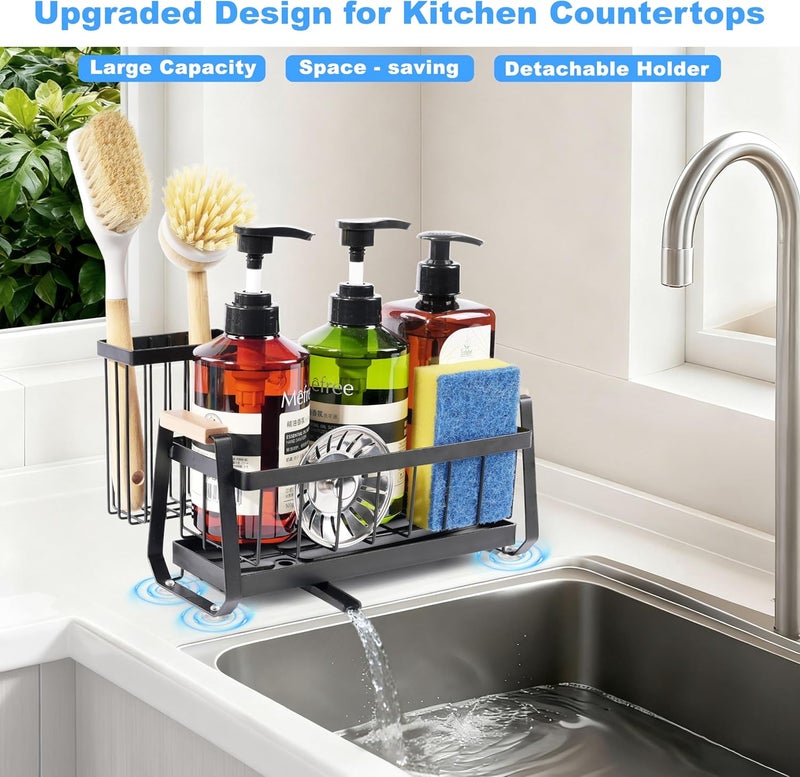 Ouletoy Sponge Holder for Kitchen Sink Caddy Organizer and Storage with Suction Cups, Sink Sponge Caddy with Dish Brush Holder and Soap Dispenser, Stainless Steel Bathroom Countertop Drain Rack - Image 2