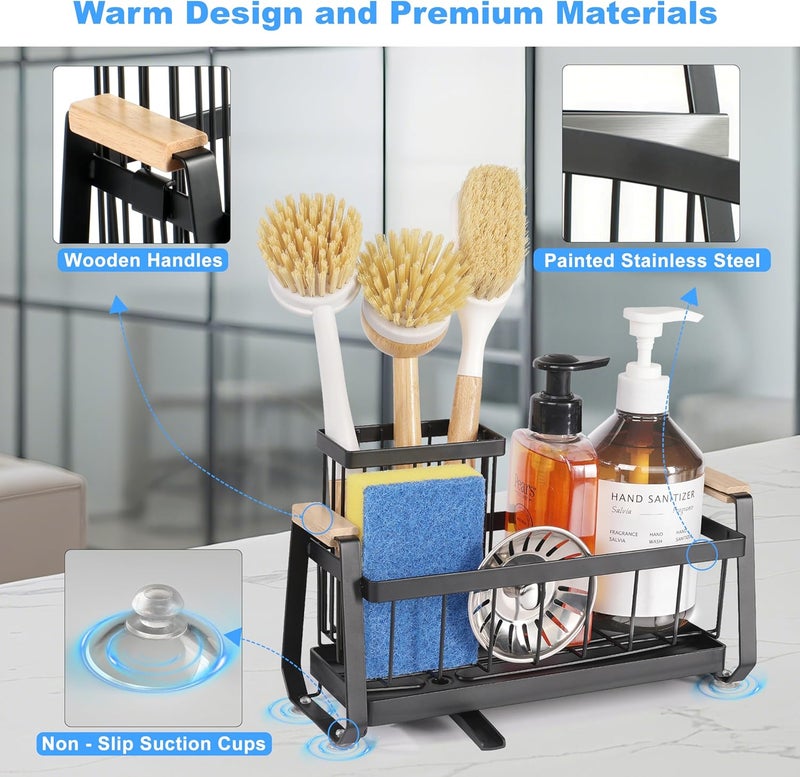 Ouletoy Sponge Holder for Kitchen Sink Caddy Organizer and Storage with Suction Cups, Sink Sponge Caddy with Dish Brush Holder and Soap Dispenser, Stainless Steel Bathroom Countertop Drain Rack - Image 4