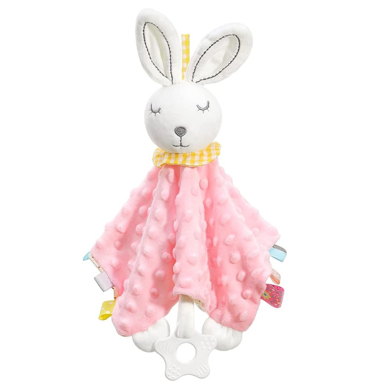 Zooawa Loveys for Babies Security Blanket Soft Stuffed Animal Bunny Lovey Unisex Lovie Baby Stuff Snuggle Blanket with Tags Teether Bells Soothing Plush Toys Baby Gift for Newborn Pink Rabbit - Image 1