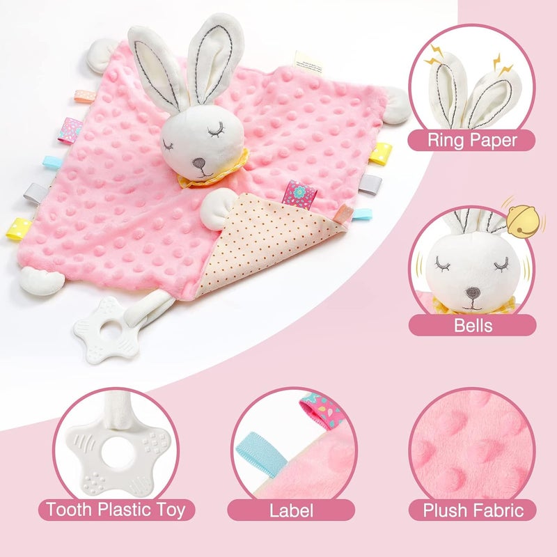 Zooawa Loveys for Babies Security Blanket Soft Stuffed Animal Bunny Lovey Unisex Lovie Baby Stuff Snuggle Blanket with Tags Teether Bells Soothing Plush Toys Baby Gift for Newborn Pink Rabbit - Image 4
