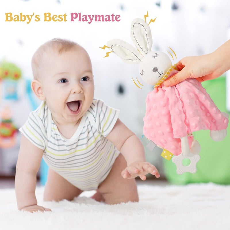Zooawa Loveys for Babies Security Blanket Soft Stuffed Animal Bunny Lovey Unisex Lovie Baby Stuff Snuggle Blanket with Tags Teether Bells Soothing Plush Toys Baby Gift for Newborn Pink Rabbit - Image 2
