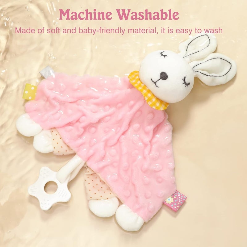 Zooawa Loveys for Babies Security Blanket Soft Stuffed Animal Bunny Lovey Unisex Lovie Baby Stuff Snuggle Blanket with Tags Teether Bells Soothing Plush Toys Baby Gift for Newborn Pink Rabbit - Image 5