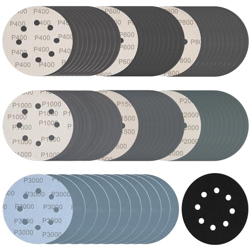 Rvetol 140Pcs 5 Inch Wet Dry Sanding Discs Hook and Loop 8 Holes Sandpaper 400/600/800/1000/1500/2000/3000 Assortment Grits for Orbital Sander Automotive Wood Metal Polishing - Image 1
