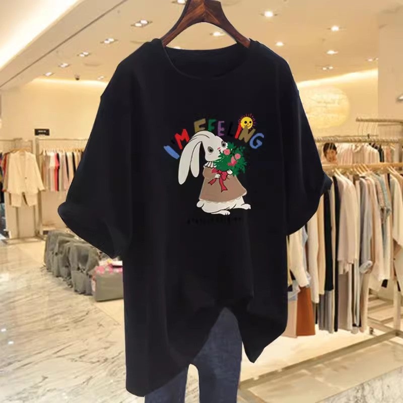 Apricot Cartoon Short-Sleeved T-Shirt Women'S Summer Mid-Length European Loose T-Shirt Half-Sleeved Thin Top - Image 3