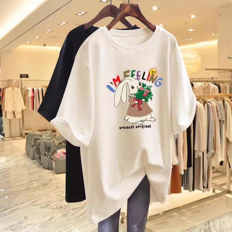 Apricot Cartoon Short-Sleeved T-Shirt Women'S Summer Mid-Length European Loose T-Shirt Half-Sleeved Thin Top - Image 2