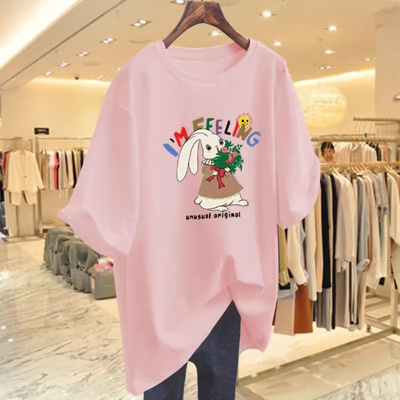 Apricot Cartoon Short-Sleeved T-Shirt Women'S Summer Mid-Length European Loose T-Shirt Half-Sleeved Thin Top - Image 5