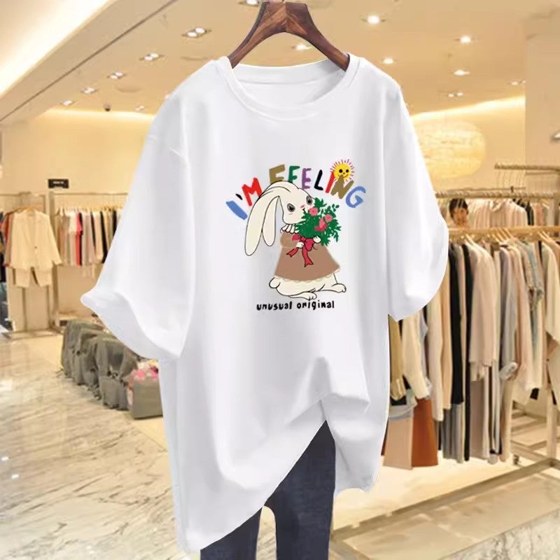 Apricot Cartoon Short-Sleeved T-Shirt Women'S Summer Mid-Length European Loose T-Shirt Half-Sleeved Thin Top - Image 4